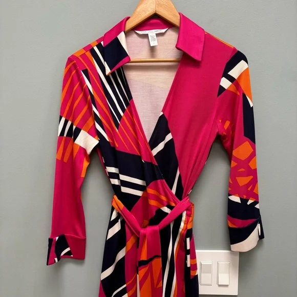 Diane Von Furstenberg Pink and Orange Wrap Dress - Picture 2 of 9